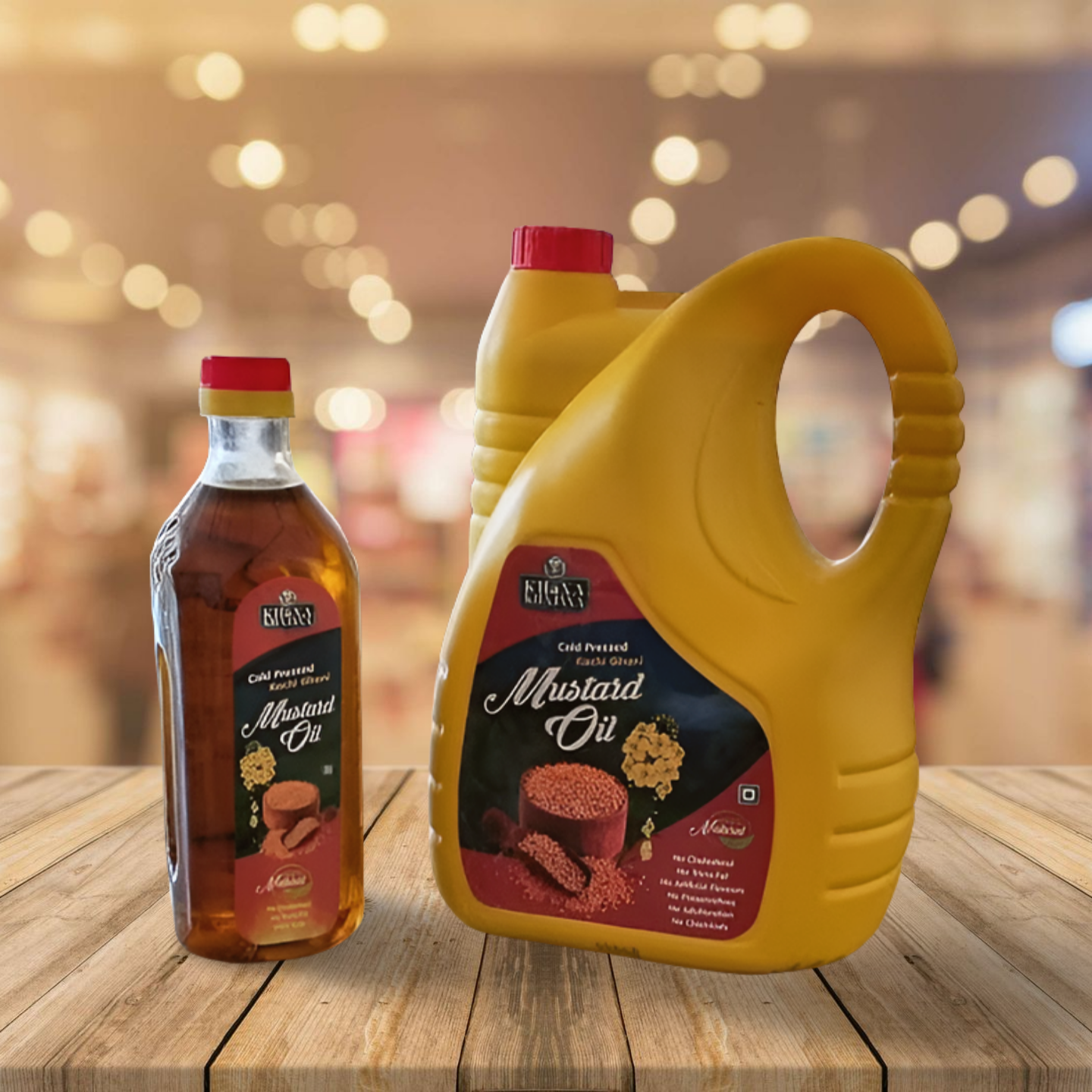 Two bottles of Khanna Khazana Mustard Oil, one smaller and one larger with yellow labels showcasing the brand and product name, placed on a wooden surface with blurred shelves in the background.