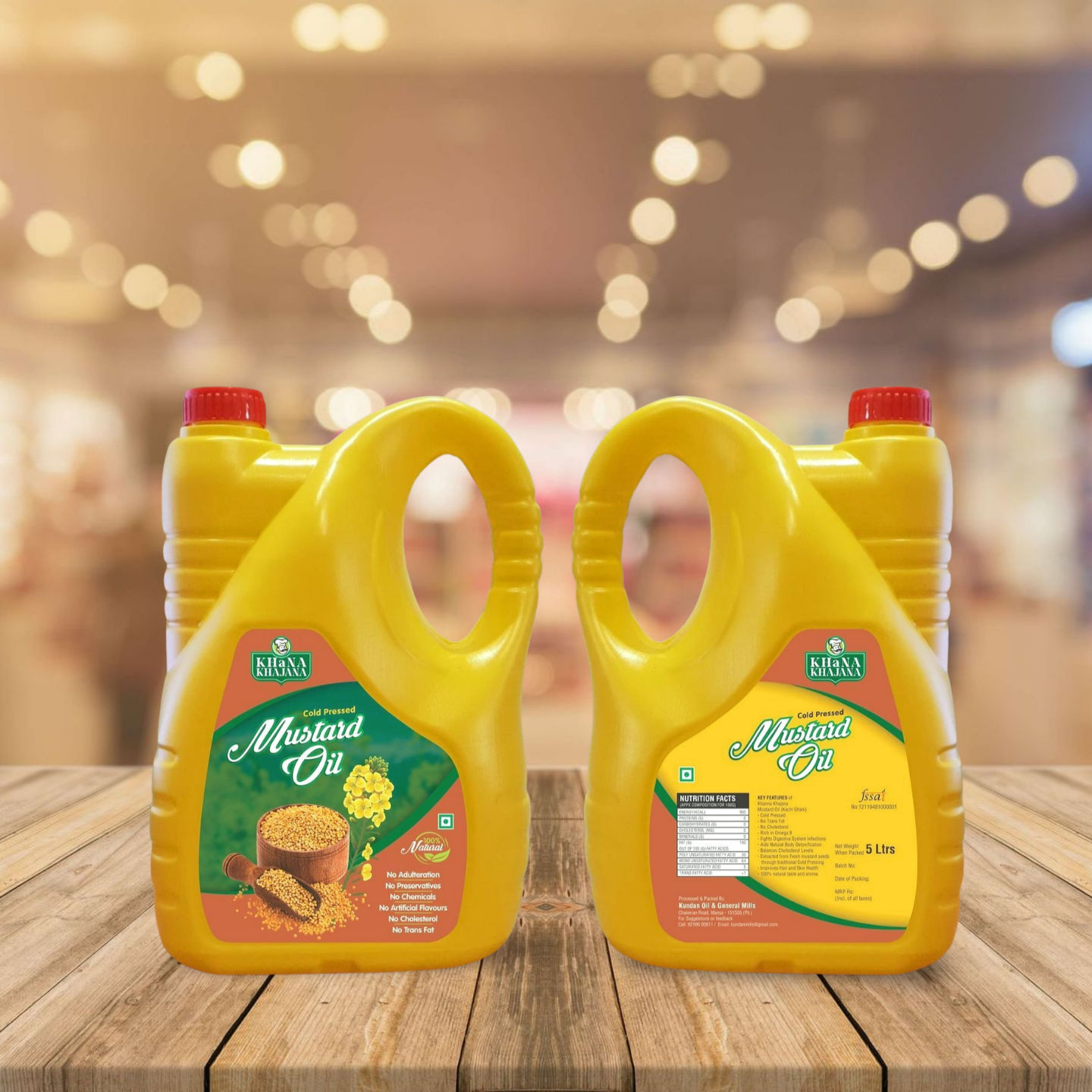Two bottles of Khanna Khazana Mustard Oil, one smaller and one larger with yellow labels showcasing the brand and product name, placed on a wooden surface with blurred shelves in the background.
